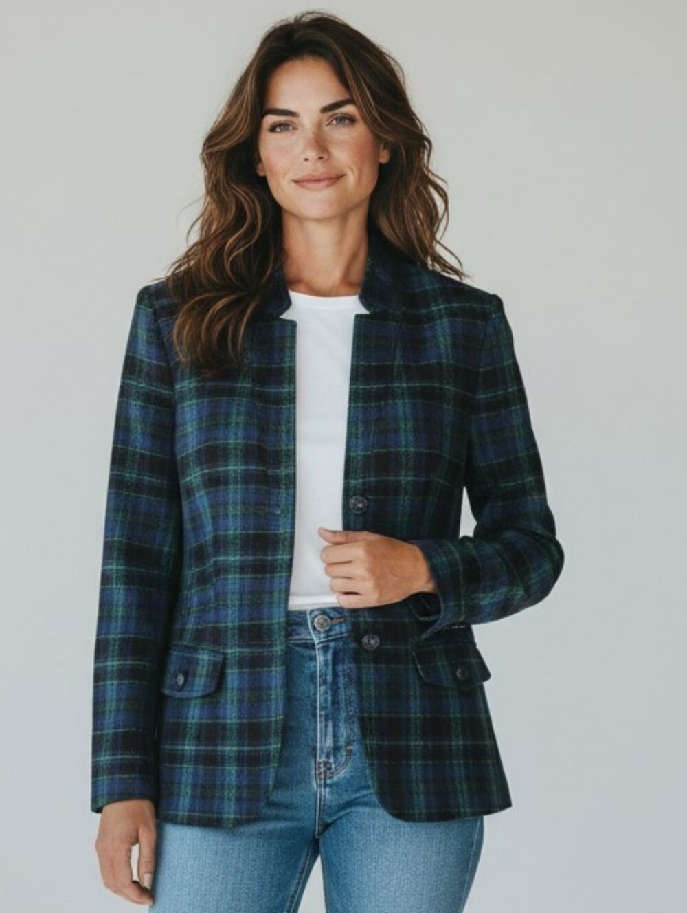 Talbots Navy and Green Plaid Wool-Blend Blazer